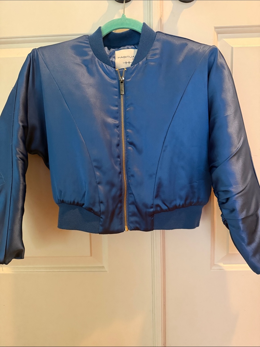Habitual Deep Blue Satin Cropped Bomber Jacket